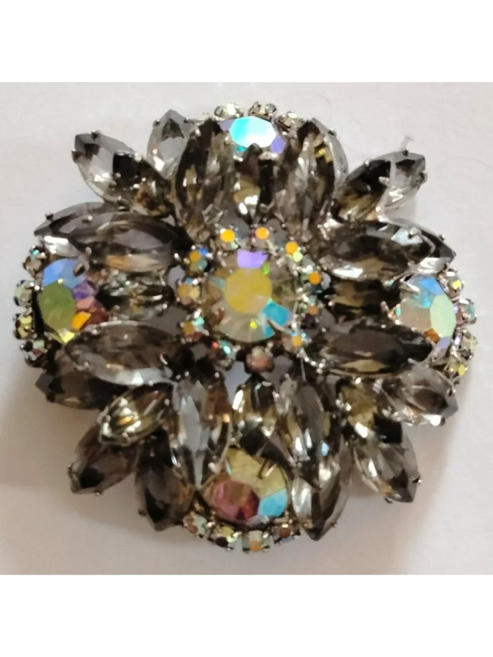 Vintage Aurora Borealis Brooch Rhinestone Floral Pin Statement Jewelry